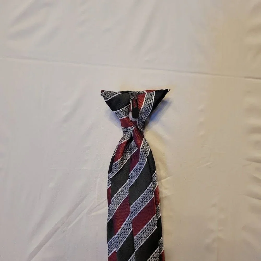 George Boys Clip On Tie Black Gray Red Striped 15